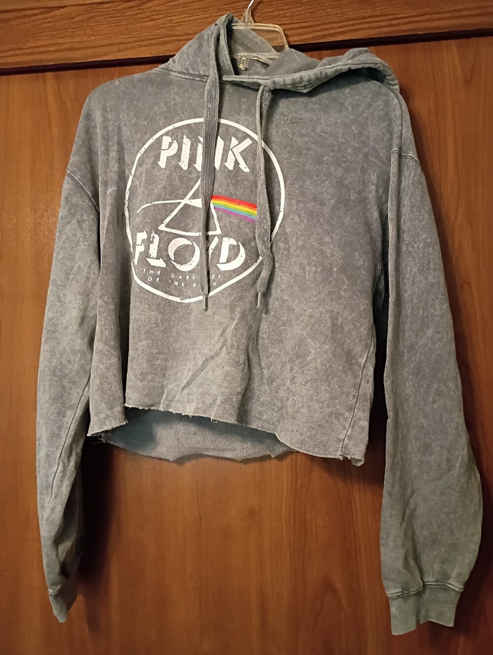 Pink Floyd Gray Distressed Cropped Hoodie with Rainbow Accent